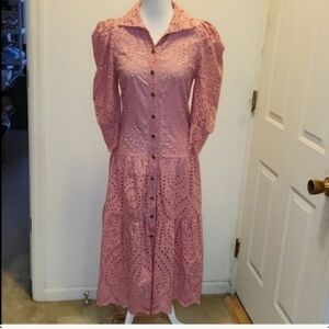 Anne Fernandes Eyelet Longsleeve Button Front Midi  Dress Victorian lagenlook